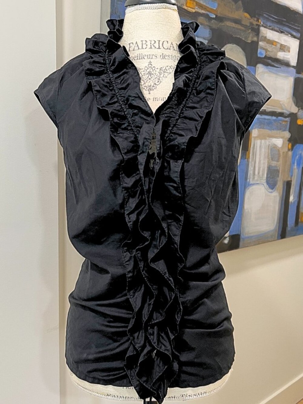 Vintage DKNY Adjustable Black Ruffle Blouse 100% Cotton Sculptural 10/M